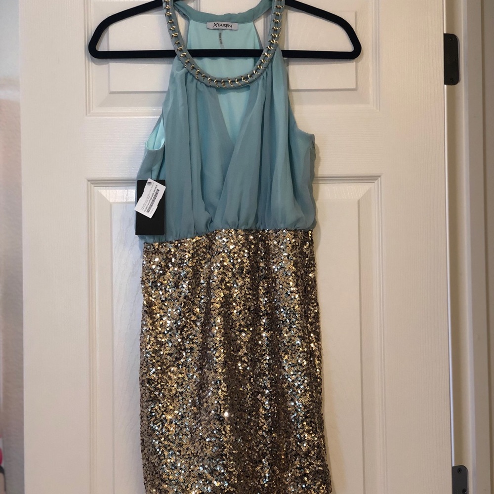 Tiffany Blue Gold Sequin Mini Dress